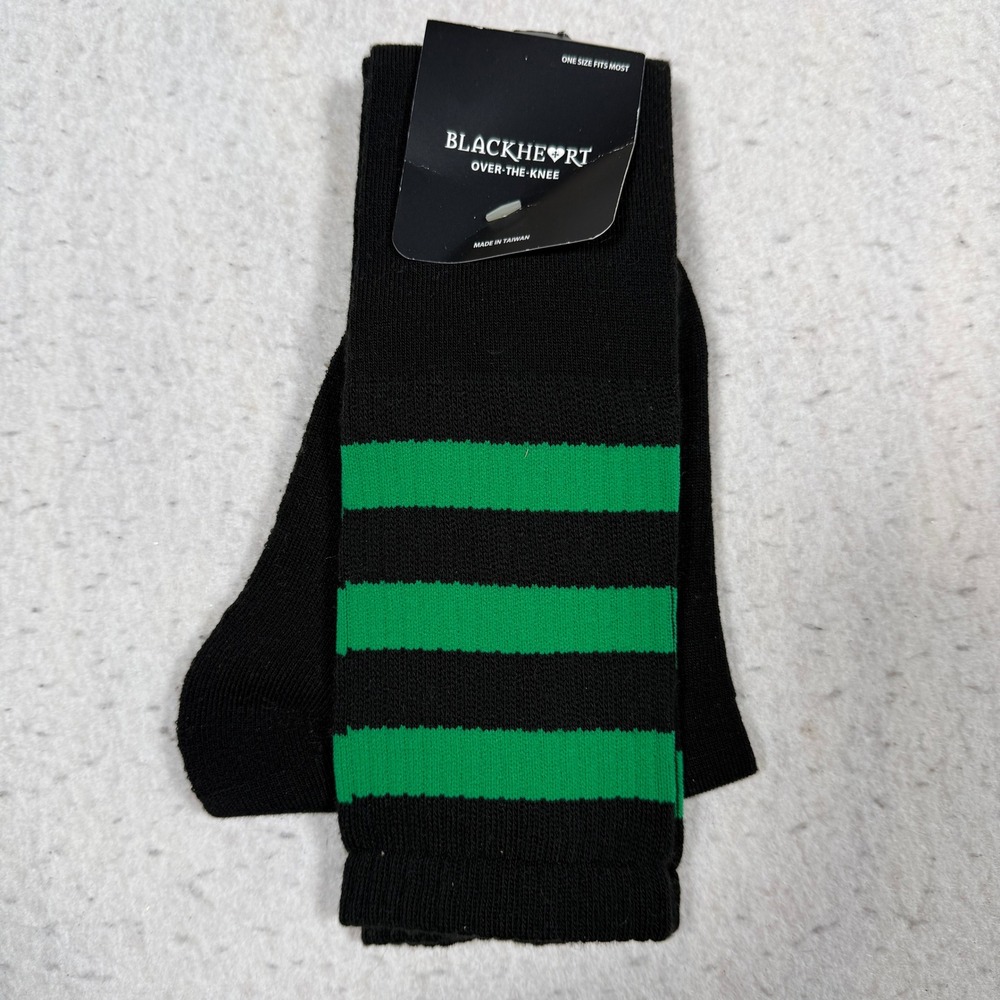 Blackheart Hot Topic Over The Knee Socks Black Green Varsity Stripe One Size NEW